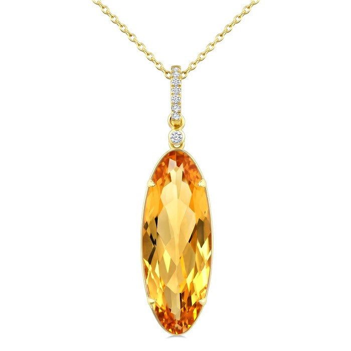 22X8 MM Evoque Gemstone Oval Shape Citrine and 1/20 Ctw Round Cut Diamond Semi-Precious Pendant With Chain in 14K Yellow Gold