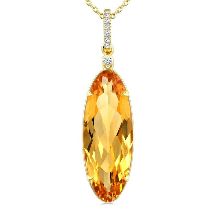 22X8 MM Evoque Gemstone Oval Shape Citrine and 1/20 Ctw Round Cut Diamond Semi-Precious Pendant With Chain in 14K Yellow Gold