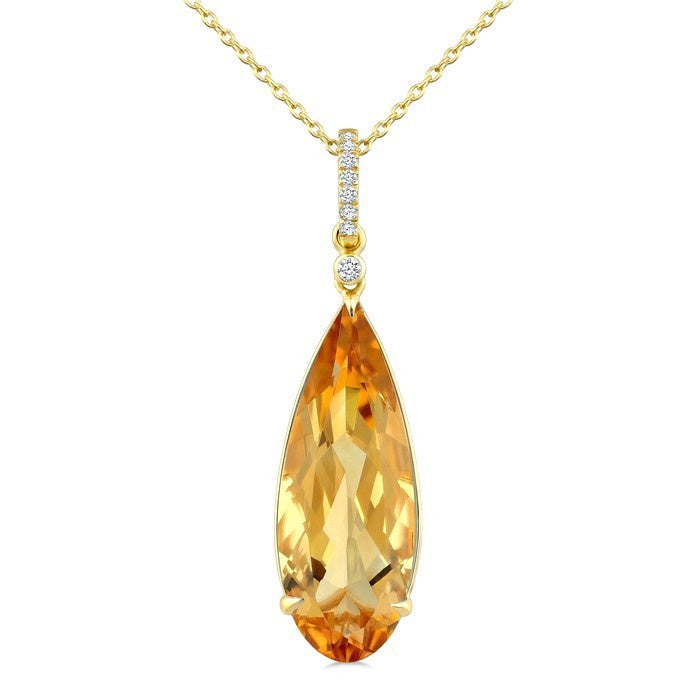 22X8 MM Evoque Gemstone Pear Shape Citrine and 1/20 Ctw Round Cut Diamond Semi-Precious Pendant With Chain in 14K Yellow Gold