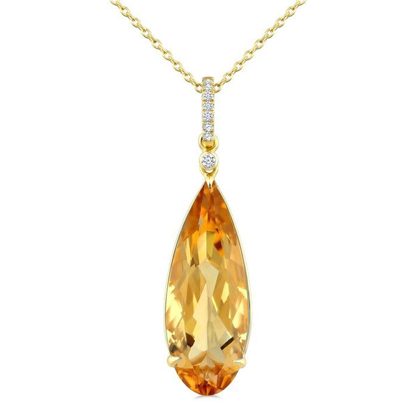 22X8 MM Evoque Gemstone Pear Shape Citrine and 1/20 Ctw Round Cut Diamond Semi-Precious Pendant With Chain in 14K Yellow Gold