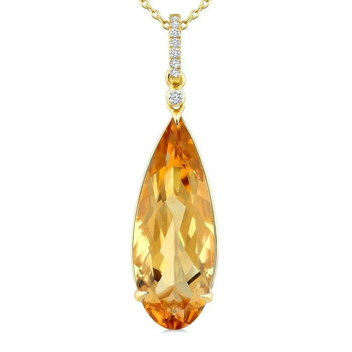 22X8 MM Evoque Gemstone Pear Shape Citrine and 1/20 Ctw Round Cut Diamond Semi-Precious Pendant With Chain in 14K Yellow Gold