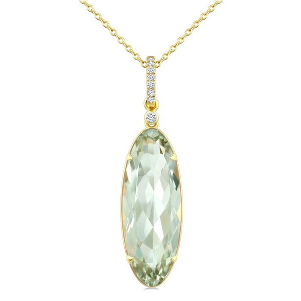 22X8 MM Evoque Gemstone Oval Shape Green Amethyst and 1/20 Ctw Round Cut Diamond Semi-Precious Pendant With Chain in 14K Yellow Gold