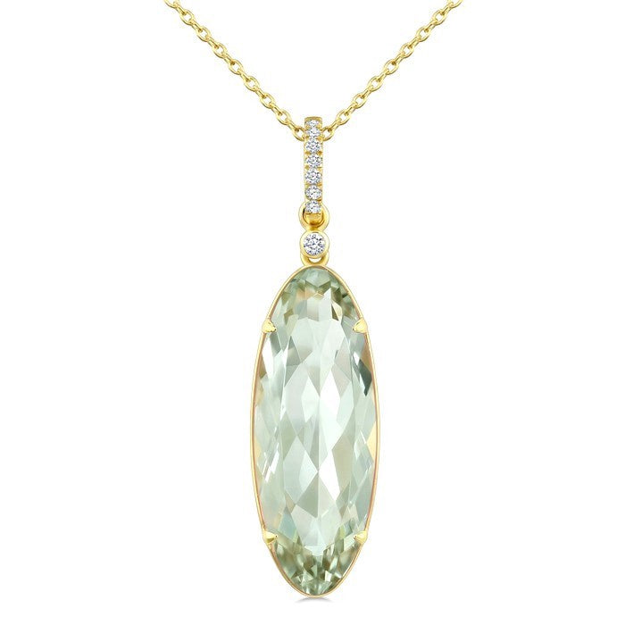 22X8 MM Evoque Gemstone Oval Shape Green Amethyst and 1/20 Ctw Round Cut Diamond Semi-Precious Pendant With Chain in 14K Yellow Gold