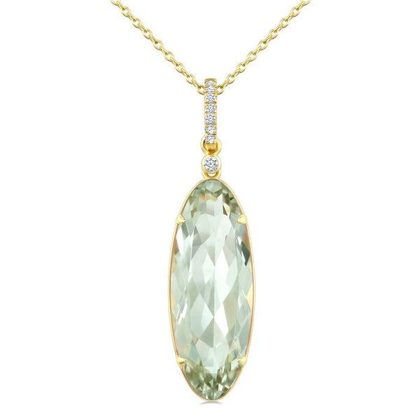 22X8 MM Evoque Gemstone Oval Shape Green Amethyst and 1/20 Ctw Round Cut Diamond Semi-Precious Pendant With Chain in 14K Yellow Gold