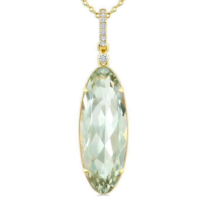 22X8 MM Evoque Gemstone Oval Shape Green Amethyst and 1/20 Ctw Round Cut Diamond Semi-Precious Pendant With Chain in 14K Yellow Gold