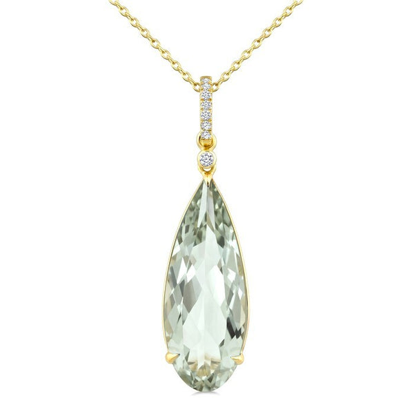 22X8 MM Evoque Gemstone Pear Shape Green Amethyst and 1/20 Ctw Round Cut Diamond Semi-Precious Pendant With Chain in 14K Yellow Gold