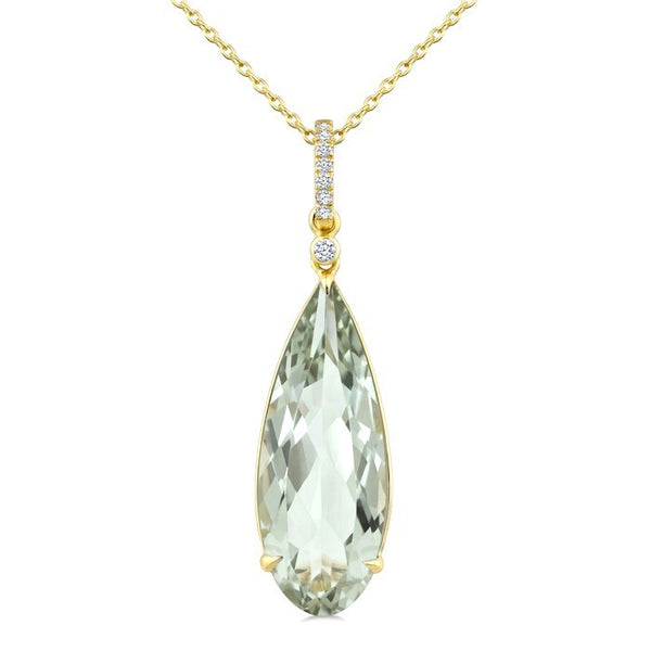 22X8 MM Evoque Gemstone Pear Shape Green Amethyst and 1/20 Ctw Round Cut Diamond Semi-Precious Pendant With Chain in 14K Yellow Gold