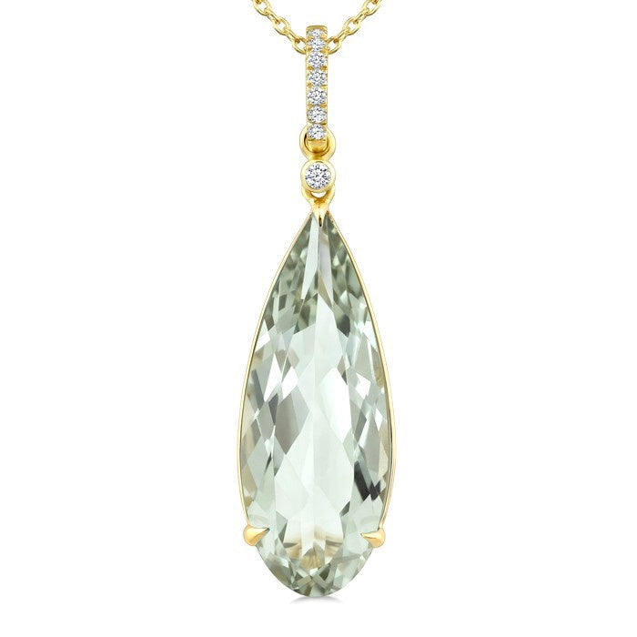 22X8 MM Evoque Gemstone Pear Shape Green Amethyst and 1/20 Ctw Round Cut Diamond Semi-Precious Pendant With Chain in 14K Yellow Gold