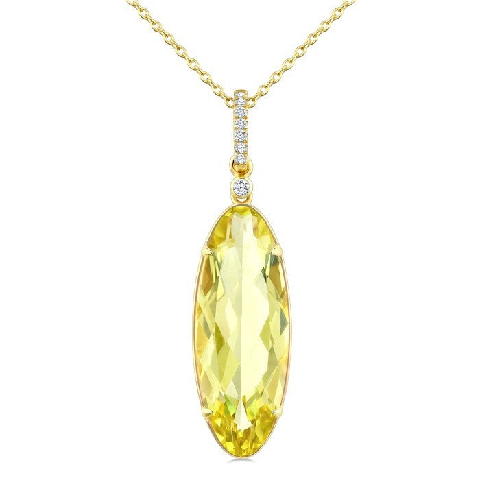 22X8 MM Evoque Gemstones Oval Shape Lemon Quartz and 1/20 Ctw Round Cut Diamond Semi-Precious Pendant With Chain in 14K Yellow Gold
