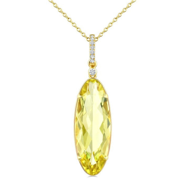22X8 MM Evoque Gemstones Oval Shape Lemon Quartz and 1/20 Ctw Round Cut Diamond Semi-Precious Pendant With Chain in 14K Yellow Gold