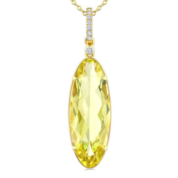 22X8 MM Evoque Gemstones Oval Shape Lemon Quartz and 1/20 Ctw Round Cut Diamond Semi-Precious Pendant With Chain in 14K Yellow Gold