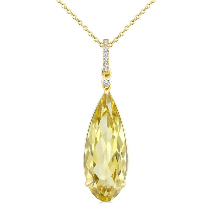 22X8 MM Evoque Gemstones Pear Shape Lemon Quartz and 1/20 Ctw Round Cut Diamond Semi-Precious Pendant With Chain in 14K Yellow Gold
