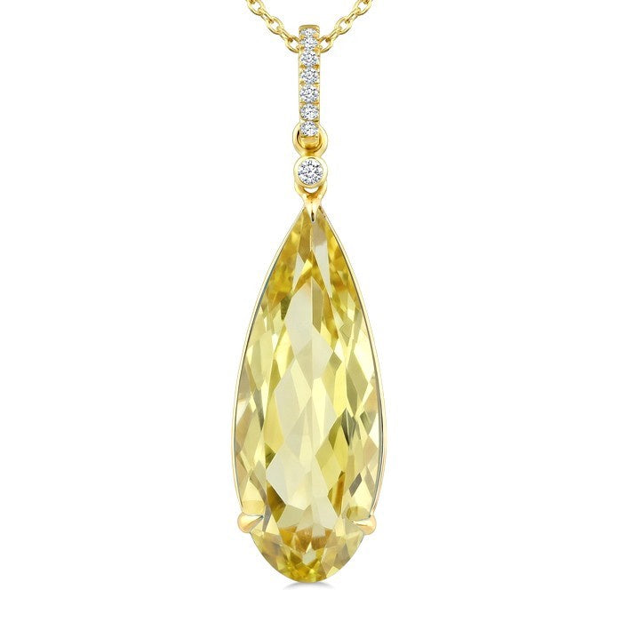 22X8 MM Evoque Gemstones Pear Shape Lemon Quartz and 1/20 Ctw Round Cut Diamond Semi-Precious Pendant With Chain in 14K Yellow Gold