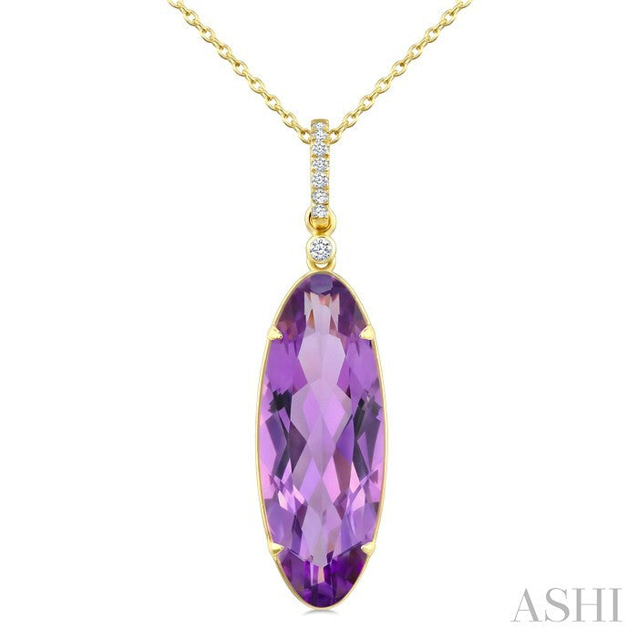 22X8 MM Evoque Gemstones Oval Shape Amethyst and 1/20 Ctw Round Cut Diamond Semi-Precious Pendant With Chain in 14K Yellow Gold