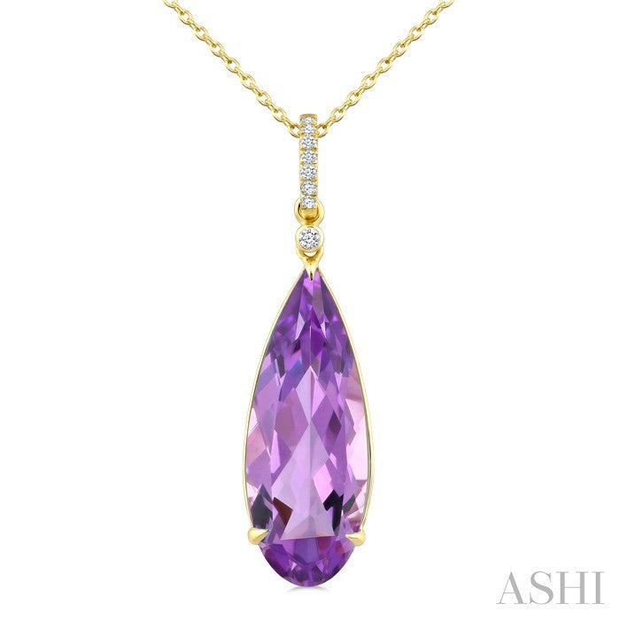 22X8 MM Evoque Gemstones Pear Shape Amethyst and 1/20 Ctw Round Cut Diamond Semi-Precious Pendant With Chain in 14K Yellow Gold