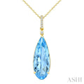22X8 MM Evoque Gemstones Pear Shape Blue Topaz and 1/20 Ctw Round Cut Diamond Semi-Precious Pendant With Chain in 14K Yellow Gold