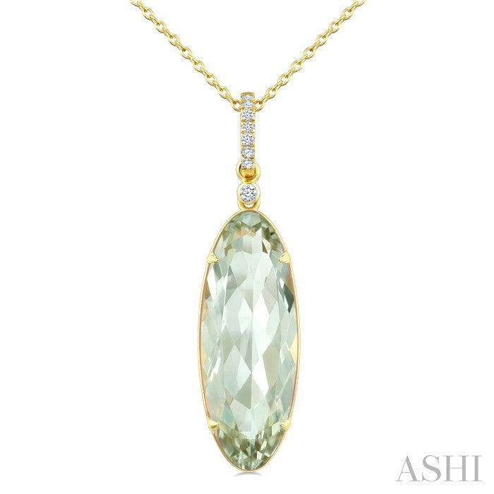 22X8 MM Evoque Gemstone Oval Shape Green Amethyst and 1/20 Ctw Round Cut Diamond Semi-Precious Pendant With Chain in 14K Yellow Gold