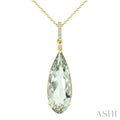 22X8 MM Evoque Gemstone Pear Shape Green Amethyst and 1/20 Ctw Round Cut Diamond Semi-Precious Pendant With Chain in 14K Yellow Gold