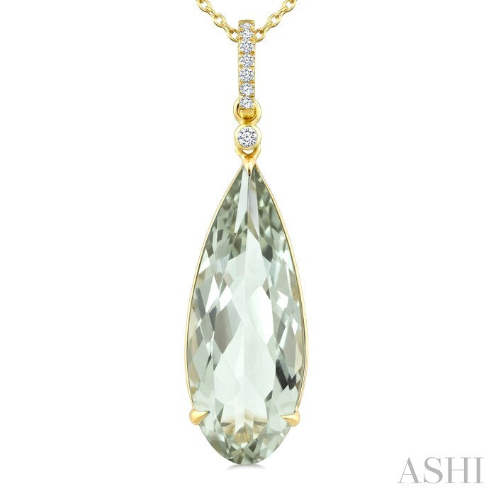 22X8 MM Evoque Gemstone Pear Shape Green Amethyst and 1/20 Ctw Round Cut Diamond Semi-Precious Pendant With Chain in 14K Yellow Gold