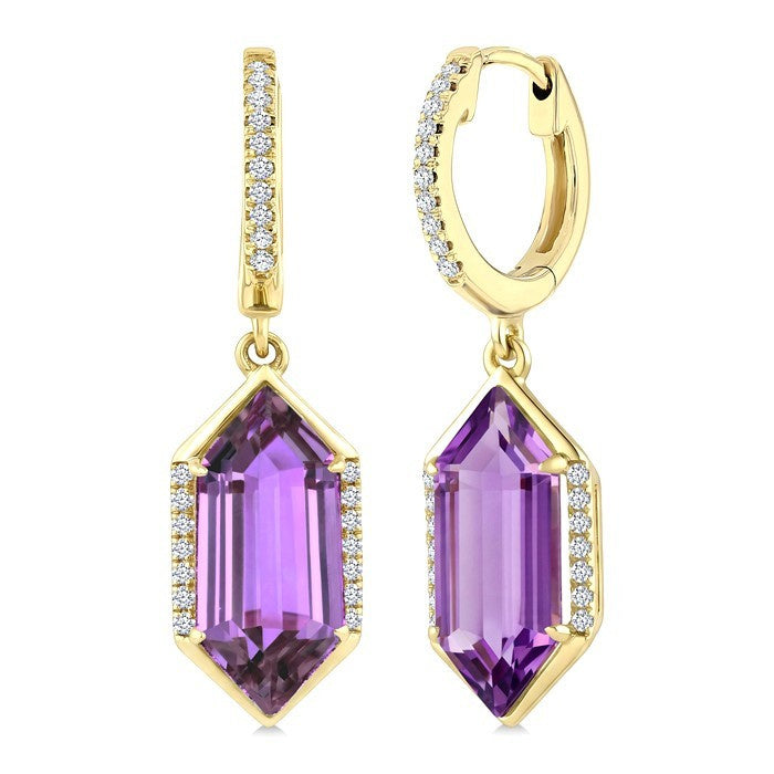 14X6 MM Evoque Gemstones Hexagon Shape Amethyst and 1/5 Ctw Round Cut Diamond Semi-Precious Earrings in 14K Yellow Gold