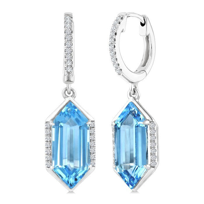 14X6 MM Evoque Gemstones Hexagon Shape Blue Topaz and 1/5 Ctw Round Cut Diamond Semi-Precious Earrings in 14K White Gold