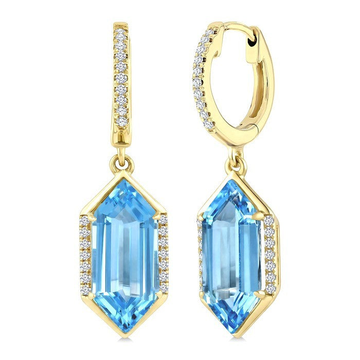 14X6 MM Evoque Gemstones Hexagon Shape Blue Topaz and 1/5 Ctw Round Cut Diamond Semi-Precious Earrings in 14K Yellow Gold