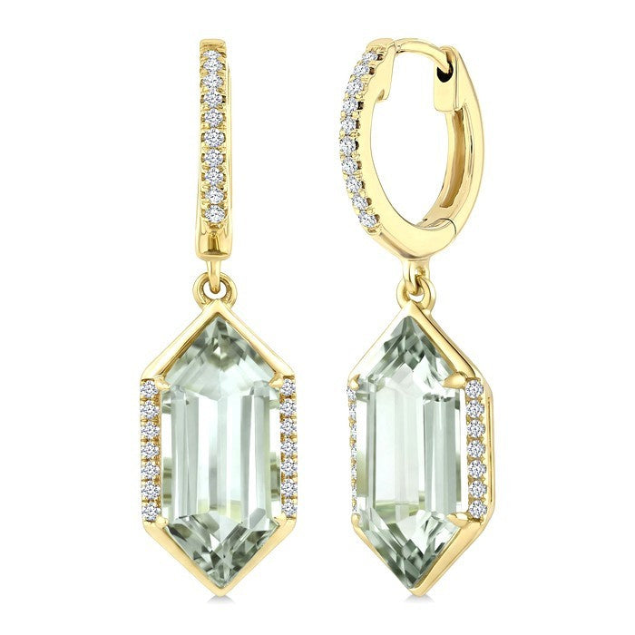 14X6 MM Evoque Gemstones Hexagon Shape Green Amethyst and 1/5 Ctw Round Cut Diamond Semi-Precious Earrings in 14K Yellow Gold