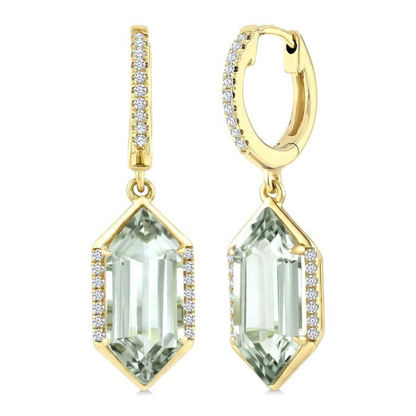 14X6 MM Evoque Gemstones Hexagon Shape Green Amethyst and 1/5 Ctw Round Cut Diamond Semi-Precious Earrings in 14K Yellow Gold