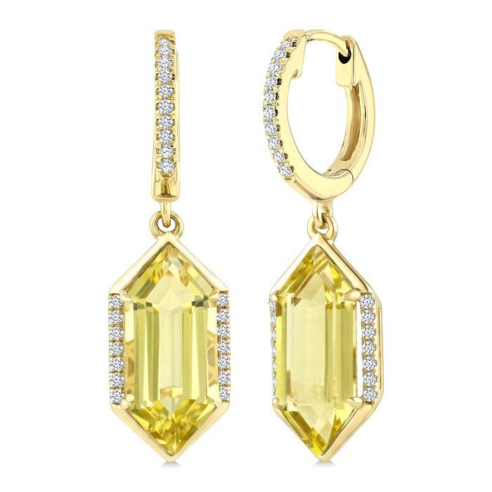 14X6 MM Evoque Gemstones Hexagon Shape Lemon Quartz and 1/5 Ctw Round Cut Diamond Semi-Precious Earrings in 14K Yellow Gold