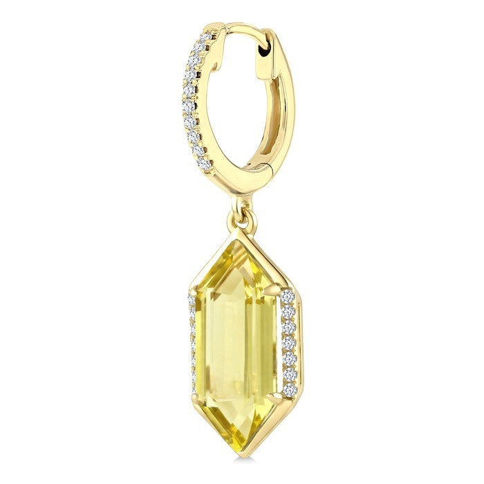 14X6 MM Evoque Gemstones Hexagon Shape Lemon Quartz and 1/5 Ctw Round Cut Diamond Semi-Precious Earrings in 14K Yellow Gold