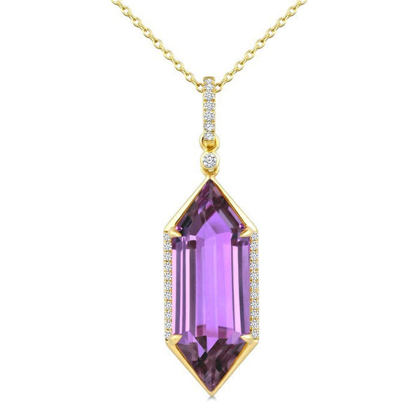 22X8 MM Evoque Gemstones Hexagon Shape Amethyst and 1/6 Ctw Round Cut Diamond Semi-Precious Pendant With Chain in 14K Yellow Gold