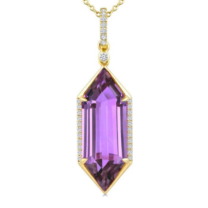 22X8 MM Evoque Gemstones Hexagon Shape Amethyst and 1/6 Ctw Round Cut Diamond Semi-Precious Pendant With Chain in 14K Yellow Gold