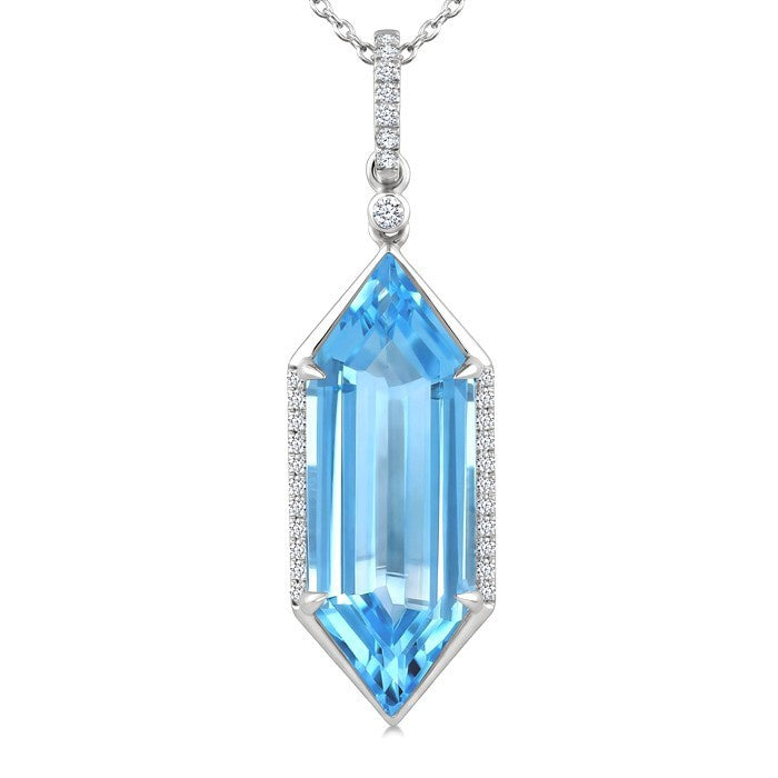 22X8 MM Evoque Gemstones Hexagon Shape Blue Topaz and 1/6 Ctw Round Cut Diamond Semi-Precious Pendant With Chain in 14K White Gold