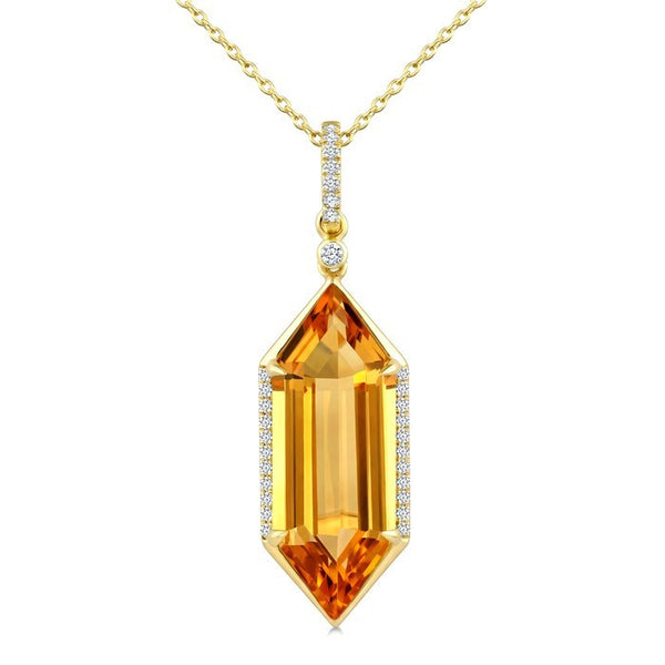 22X8 MM Evoque Gemstone Hexagon Shape Citrine and 1/6 Ctw Round Cut Diamond Semi-Precious Pendant With Chain in 14K Yellow Gold