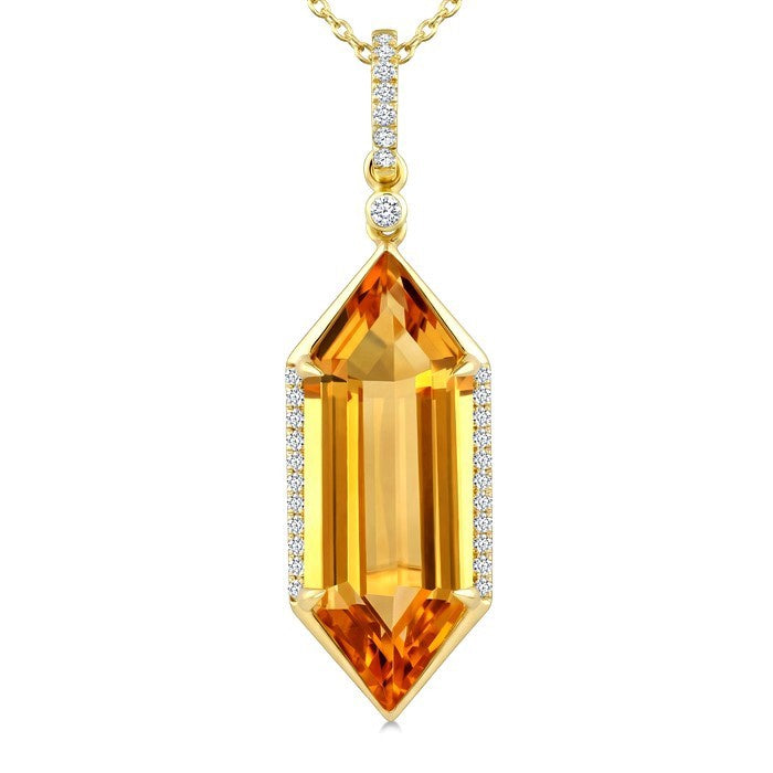 22X8 MM Evoque Gemstone Hexagon Shape Citrine and 1/6 Ctw Round Cut Diamond Semi-Precious Pendant With Chain in 14K Yellow Gold