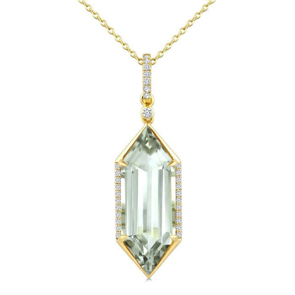 22X8 MM Evoque Gemstone Hexagon Shape Green Amethyst and 1/6 Ctw Round Cut Diamond Semi-Precious Pendant With Chain in 14K Yellow Gold
