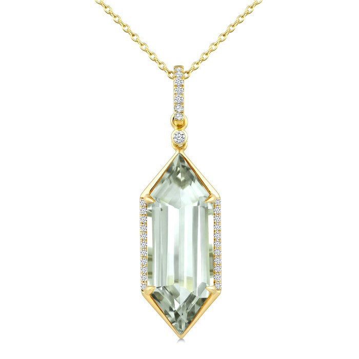 22X8 MM Evoque Gemstone Hexagon Shape Green Amethyst and 1/6 Ctw Round Cut Diamond Semi-Precious Pendant With Chain in 14K Yellow Gold