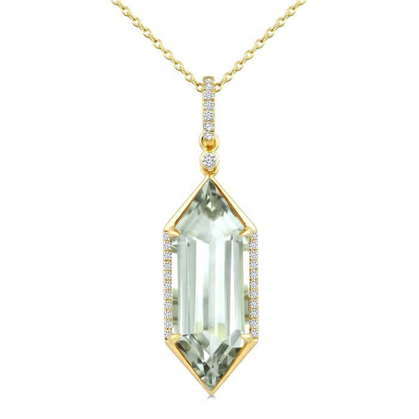 22X8 MM Evoque Gemstone Hexagon Shape Green Amethyst and 1/6 Ctw Round Cut Diamond Semi-Precious Pendant With Chain in 14K Yellow Gold