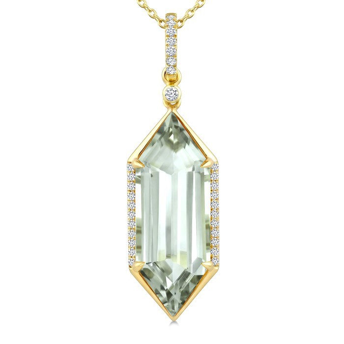 22X8 MM Evoque Gemstone Hexagon Shape Green Amethyst and 1/6 Ctw Round Cut Diamond Semi-Precious Pendant With Chain in 14K Yellow Gold