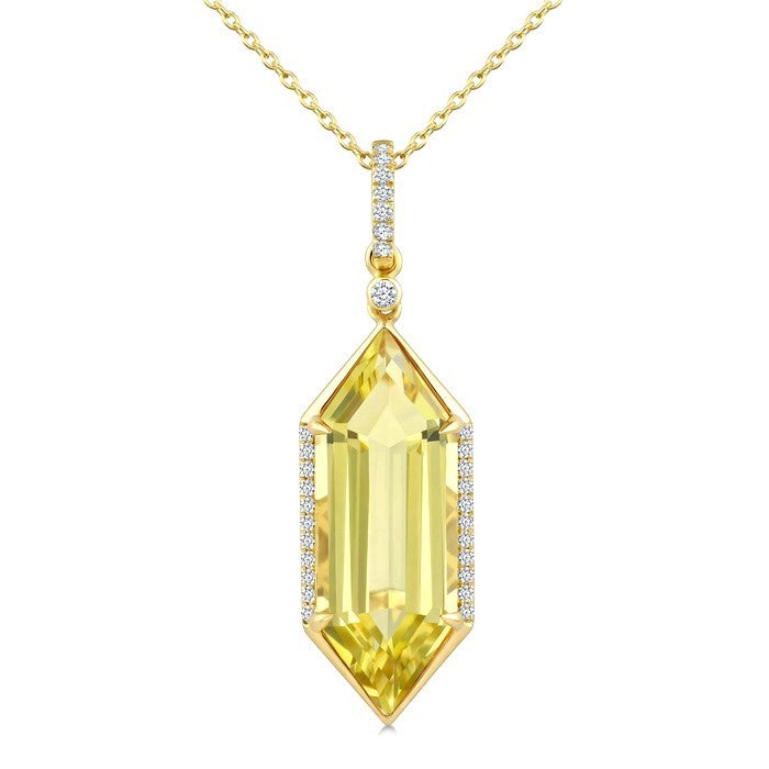 22X8 MM Evoque Gemstones Hexagon Shape Lemon Quartz and 1/6 Ctw Round Cut Diamond Semi-Precious Pendant With Chain in 14K Yellow Gold