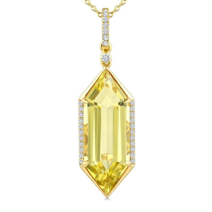 22X8 MM Evoque Gemstones Hexagon Shape Lemon Quartz and 1/6 Ctw Round Cut Diamond Semi-Precious Pendant With Chain in 14K Yellow Gold