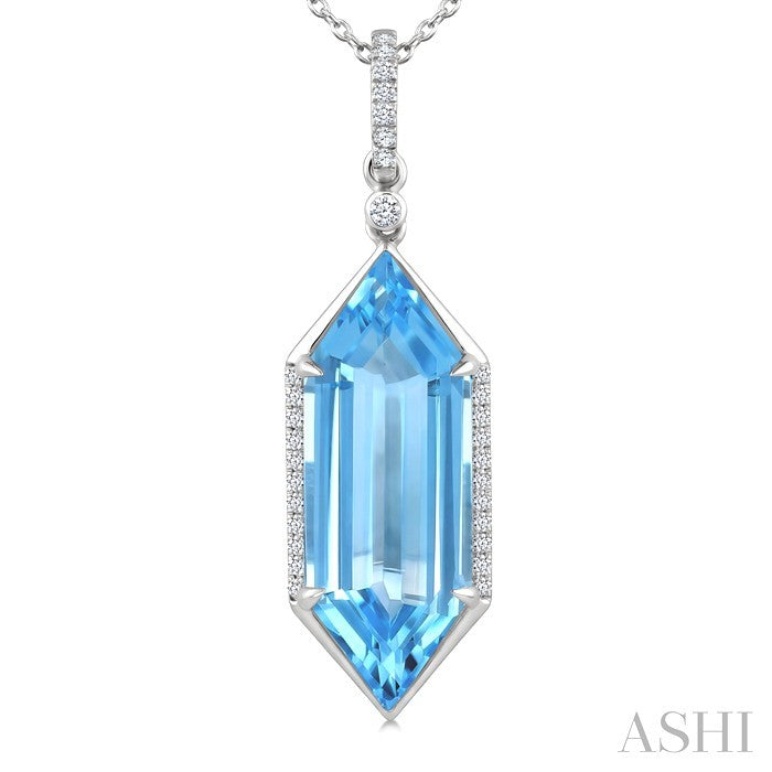 22X8 MM Evoque Gemstones Hexagon Shape Blue Topaz and 1/6 Ctw Round Cut Diamond Semi-Precious Pendant With Chain in 14K White Gold