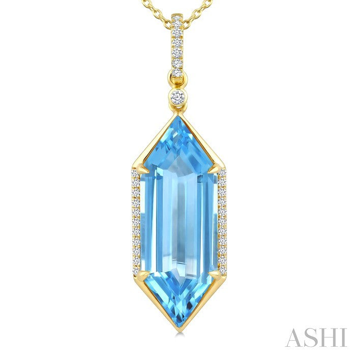 22X8 MM Evoque Gemstones Hexagon Shape Blue Topaz and 1/6 Ctw Round Cut Diamond Semi-Precious Pendant With Chain in 14K Yellow Gold