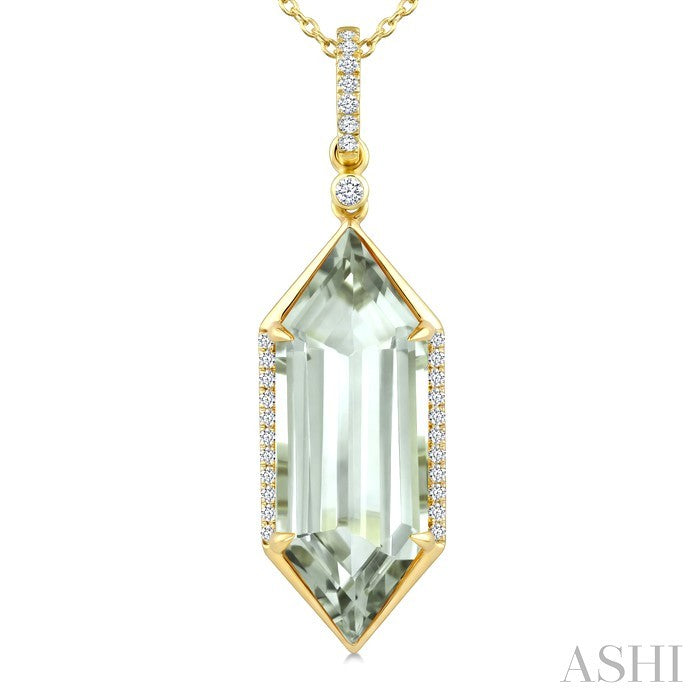 22X8 MM Evoque Gemstone Hexagon Shape Green Amethyst and 1/6 Ctw Round Cut Diamond Semi-Precious Pendant With Chain in 14K Yellow Gold