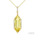 22X8 MM Evoque Gemstones Hexagon Shape Lemon Quartz and 1/6 Ctw Round Cut Diamond Semi-Precious Pendant With Chain in 14K Yellow Gold