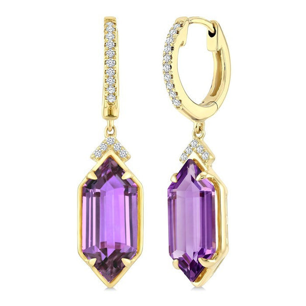 14X6 MM Evoque Gemstones Hexagon Shape Amethyst and 1/6 Ctw Round Cut Diamond Semi-Precious Earrings in 14K Yellow Gold