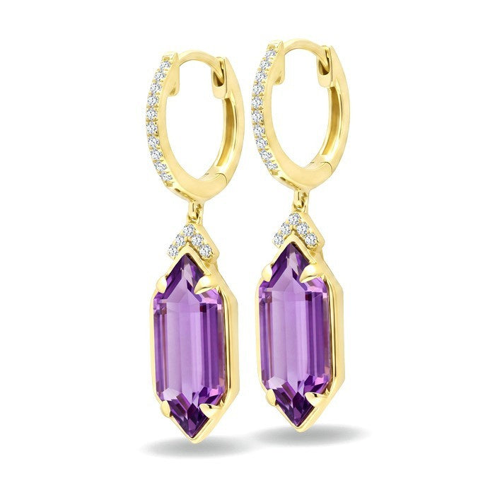 14X6 MM Evoque Gemstones Hexagon Shape Amethyst and 1/6 Ctw Round Cut Diamond Semi-Precious Earrings in 14K Yellow Gold