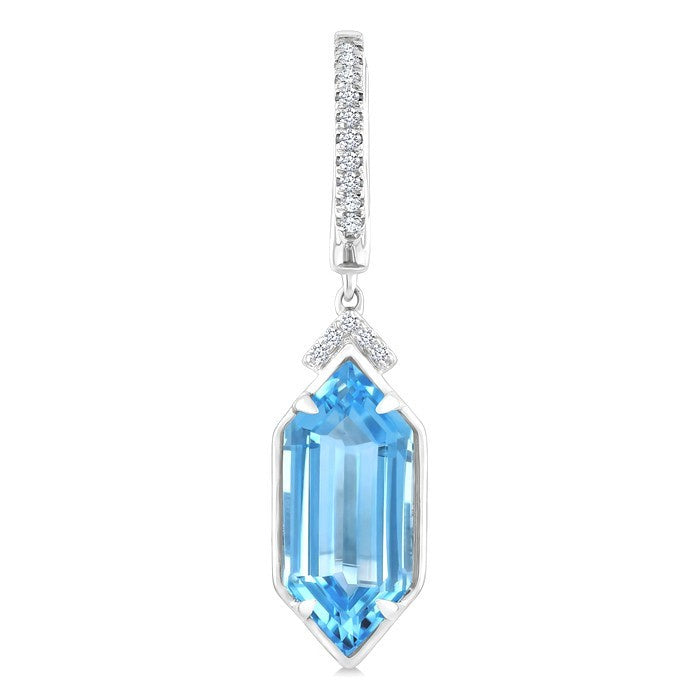 14X6 MM Evoque Gemstones Hexagon Shape Blue Topaz and 1/6 Ctw Round Cut Diamond Semi-Precious Earrings in 14K White Gold