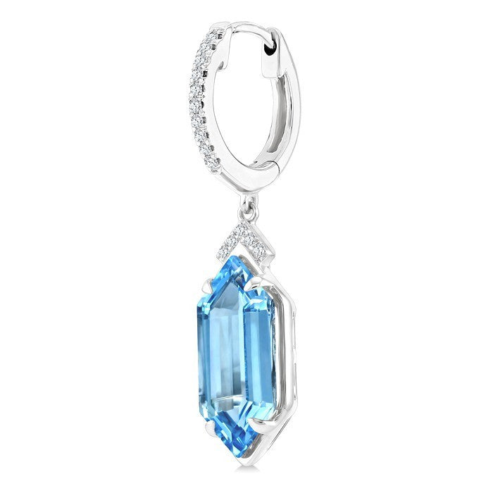 14X6 MM Evoque Gemstones Hexagon Shape Blue Topaz and 1/6 Ctw Round Cut Diamond Semi-Precious Earrings in 14K White Gold