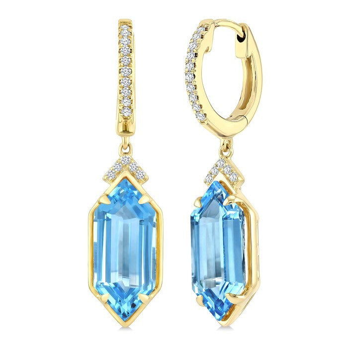 14X6 MM Evoque Gemstones Hexagon Shape Blue Topaz and 1/6 Ctw Round Cut Diamond Semi-Precious Earrings in 14K Yellow Gold
